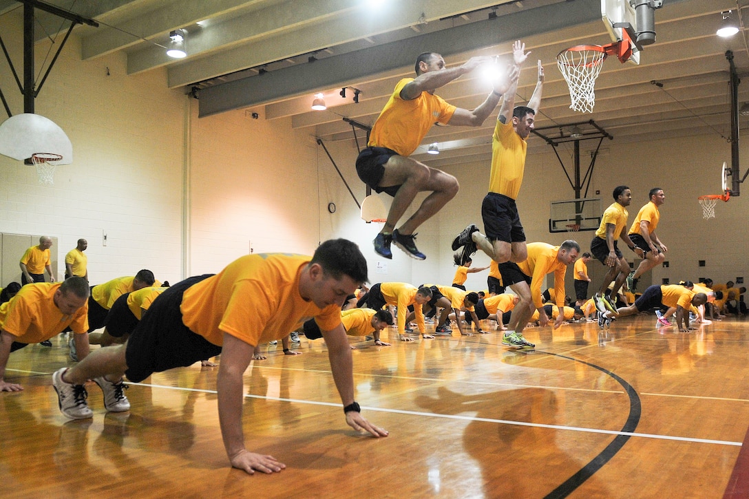 Navy sailors participate in a morning physical training session at the Mt. Trashmore Family YMCA during Sailor of the Year week in Virginia Beach, Va., Feb. 29, 2016. Winners for each sea and shore command will be selected to participate in the U.S. Fleet Forces competition. U.S. Navy photo by Petty Officer 2nd Class Jamie V. Cosby