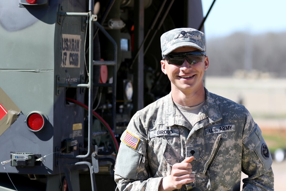 Spc. Matt Giroud, a petroleum supply specialist with the 574th Quartermaster Company, is part of the detail that supplies fuel to all of the ground vehicles in the Joint Readiness Training Center Exercise 16-04 at Fort Polk, La. The active-duty unit out of Alaska is augmenting for their Reserve Component counterparts for the exercise. The Army and Army Reserve continuously make preparations to deliberately and purposefully integrate training among and between components as part of the Army Total Force Policy. The policy ensures that there is continuity within the different components and promotes interoperability.