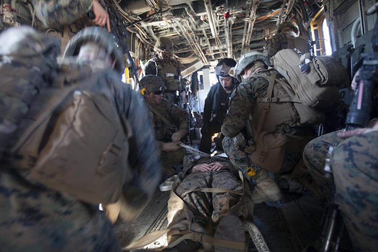 Marines with India Company, 3rd Battalion, 6th Marine Regiment conducted casualty evacuation drills during Exercise Eager Response at Fort Stewart, Ga., Feb. 25, 2016. Marines trained in events such as casualty evacuation, assault support missions and aerial refueling, proving the 2nd Marine Aircraft Wing with a highly effective combat force. (U.S. Marine Corps photo by Pfc. Nicholas P. Baird/Released)