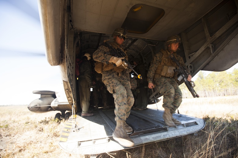 Marines with India company, 3rd Battalion, 6th Marine Regiment conduct casualty evacuation drills during Exercise Eager Response at Fort Stewart, Ga., Feb. 25, 2016. Marines trained in events such as casualty evacuation, assault support missions and aerial refueling, proving the Marine Air-Ground Task Force is a highly effective combat force. (U.S. Marine Corps photo by Pfc. Nicholas P. Baird/Released)