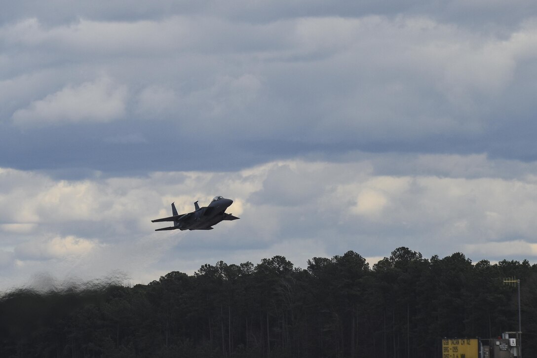 An F-15E Strike Eagle from the 336th Fighter Squadron takes off, Feb. 25, 2016, at Seymour Johnson Air Force Base, North Carolina. Lt. Col. Lucas Teel, 336 FS commander, led 27 Airmen to participate in Red Flag 16-2, a two-week long multinational exercise, at Nellis Air Force Base, Nevada. (U.S. Air Force photo/Airman Shawna L. Keyes)