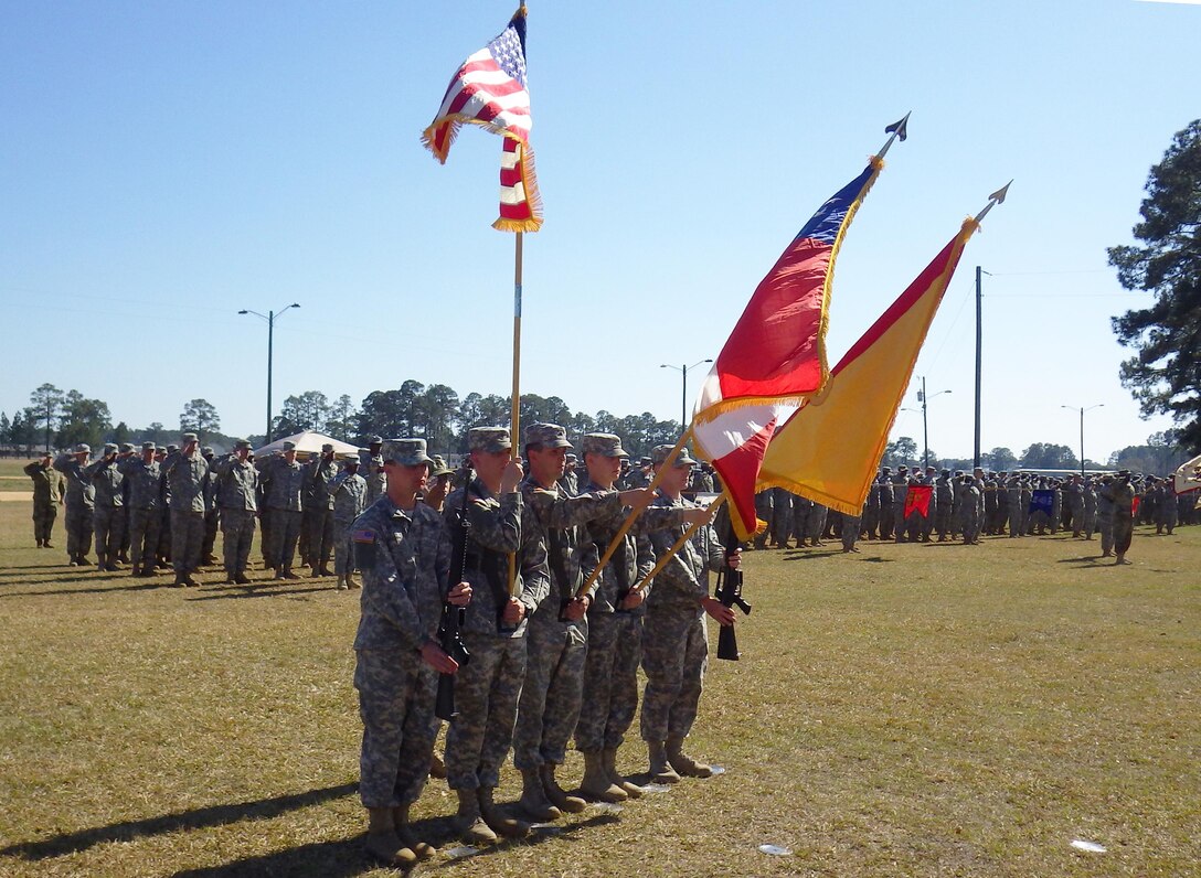 Color guard presentation during the 642nd Regional Support Group change of command ceremony Feb. 28 at Fort Stewart, Ga. U.S. Army Col. Jeffrey L. Richar took command of the brigade based in Decatur, Ga., which serves as headquarters for thousands of support Soldiers throughout the southeastern United States.