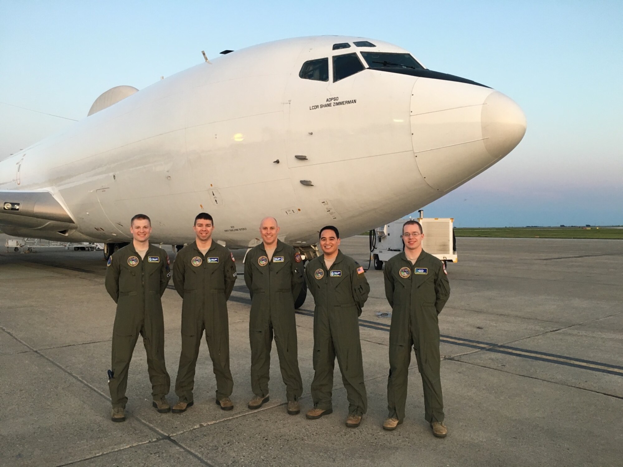 Members of the Air Launch Control System crew from the 625th Strategic Operations Squadron at Offutt Air Force Base, Neb., prepare to board the U.S. Strategic Command Airborne Command Post Navy E-6B aircraft prior to GT 217, a Minuteman III Intercontinental Ballistic Missile test launch conducted Feb. 20, 2016. The launch crew members, who launched the test missile from the air, were (from left) Capt. Justin Rathbun, Capt. Cory Kuehn, Lt. Col. Deane Konowicz, Capt. Israel Remo and1st Lt. Wayne Masteller. (Courtesy Photo)