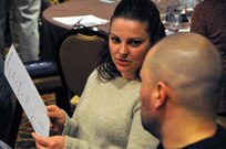 Sgt. 1st Class Kimberly Torres, a medic from Budd Lake, N.J., discusses communication skills with her husband, Andrew, during a Strong Bonds event Feb. 26 at the Hershey Lodge in Hershey, Pa. The Strong Bonds mission is to increase Soldier and Family readiness through relationship education and skills training. The next event for Soldiers in the 99th RSC's region is March 18-20 in Cambridge, Md.