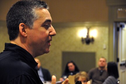 Chaplain Timothy Ippolito, a 99th Regional Support Command Strong Bonds instructor, goes over the agenda for the married couples attending the Strong Bonds event Feb. 26-28 at the Hershey Lodge in Hershey, Pa. The Strong Bonds mission is to increase Soldier and Family readiness through relationship education and skills training. The next event for Soldiers in the 99th RSC's region is March 18-20 in Cambridge, Md.