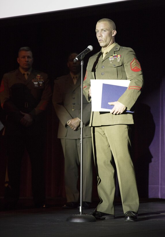 Sgt. Justin P. Mears, Marine Corps Exchange Noncommissioned Officer, thanks the Barstow Are Chamber of Commerce, City of Barstow, and his leadership at MLB Barstow for recognizing him as the Marine of the Year for Fiscal Year 2015, Feb. 27, during the 35th Annual City of Barstow Awards Banquet.  During FY'15 the 29-year-old native of Wilmington, Del, captured NCO of the Quarter three times, became a Marine Corps Martial Arts Instructor, competed in and won the High Intensity Tactical Training  competition on MCB Barstow, and finish fourth overall in the Corps-wide competition held at Marine Corps Air Ground Combat Center, Twentynine Palms, Calif. 