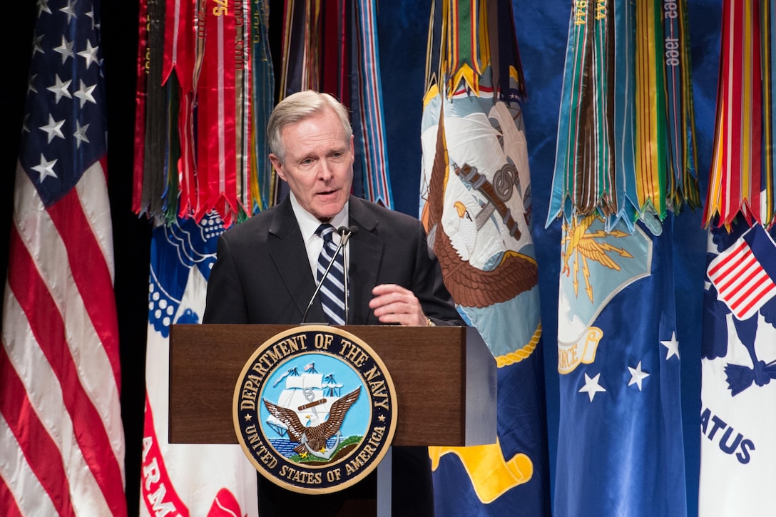 Navy Secretary Ray Mabus speaks at the Hall of Heroes ceremony to induct Navy Senior Chief Petty Officer Edward C. Byers Jr. into the Hall of Heroes during a ceremony at the Pentagon, March 1, 2016. DoD News photo by EJ Hersom