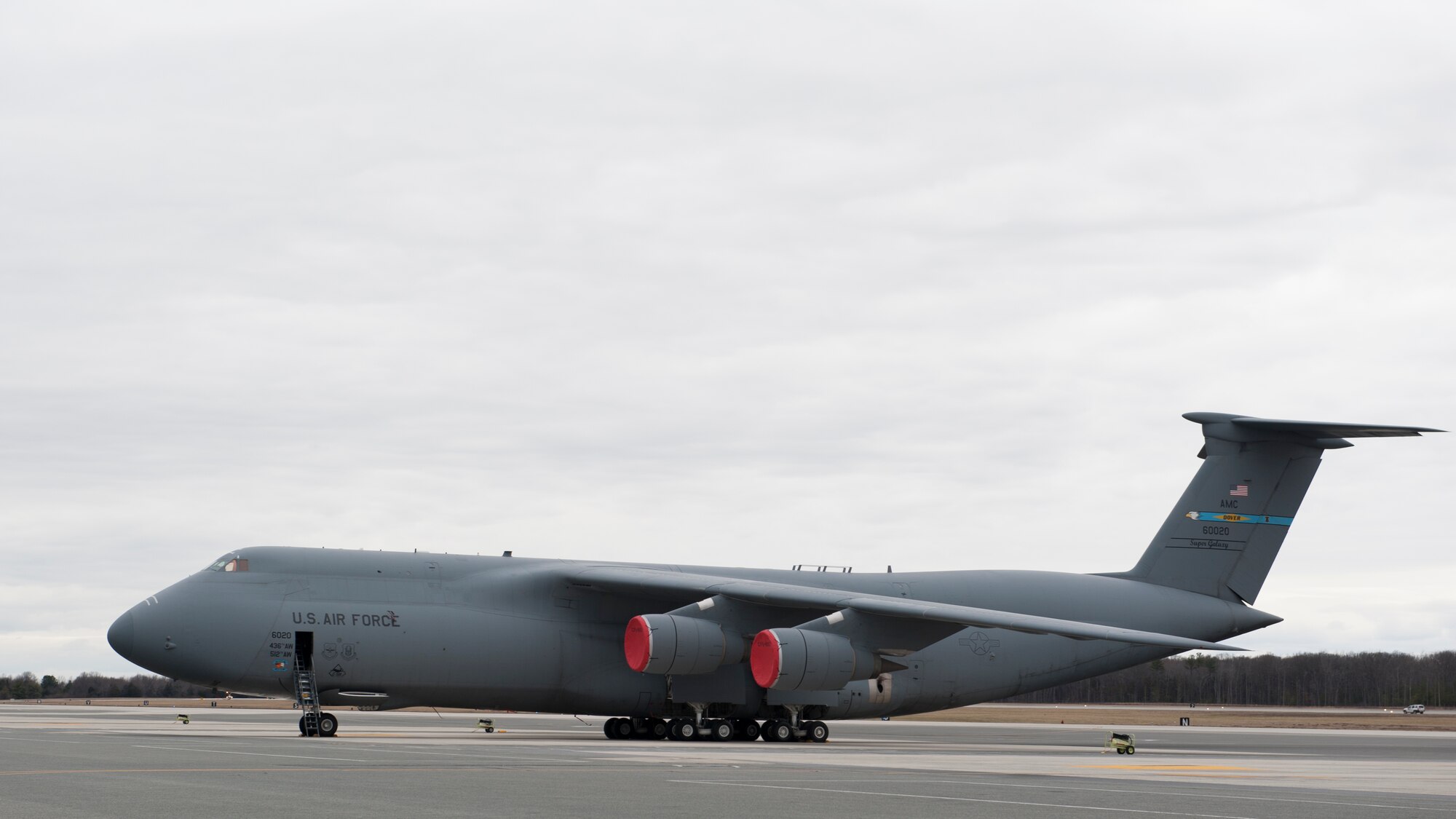 A C-5M Super Galaxy sits on the flight line Feb. 25, 2016, at Dover Air Force Base, Del. Until August, this will be the only C-5 stationed at Dover and it will be used for local training missions and ground training. (U.S. Air Force photo/Senior Airman Zachary Cacicia)