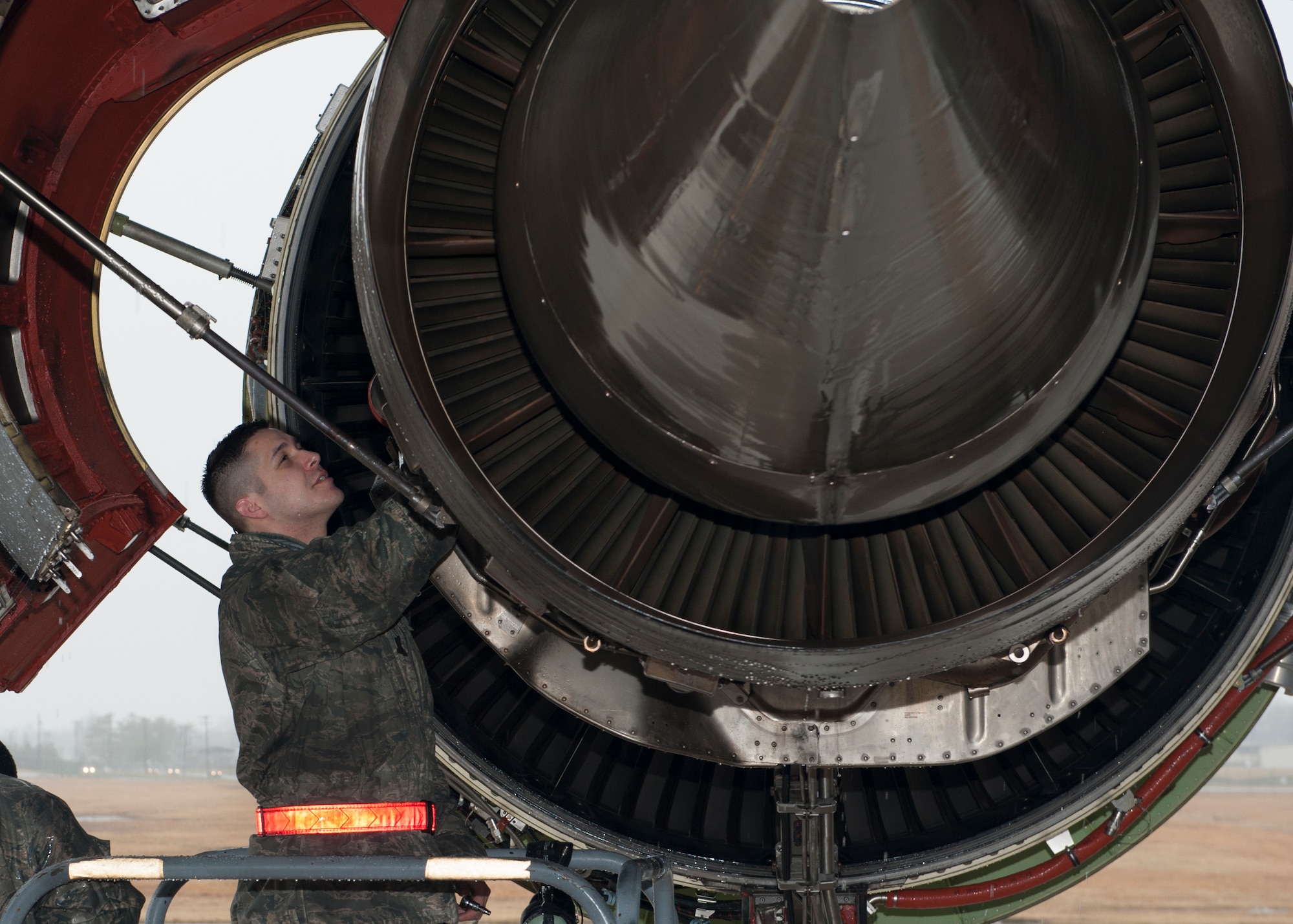 Senior Airman Tyler Garcia, 436th Aircraft Maintenance Squadron electrical and environmental systems journeyman, performs maintenance on a C-5M Super Galaxy jet engine Feb. 24, 2016, on the flight line at Joint Base McGuire-Dix-Lakehurst, N.J. Team Dover maintainers are anticipated to operate at the joint base until August, with a rotation at the halfway point. (U.S. Air Force photo/Senior Airman Zachary Cacicia)
