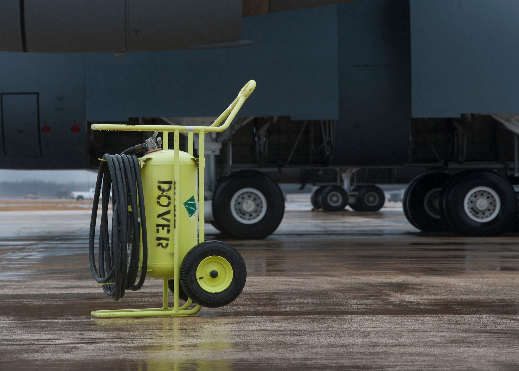 A fire bottle sits on the flight line Feb. 24, 2016, at Joint Base McGuire-Dix-Lakehurst, N.J. In addition to Dover Air Force Base’s C-5M Super Galaxy fleet being moved, all the fleet’s support equipment was moved as well. (U.S. Air Force photo/Senior Airman Zachary Cacicia)