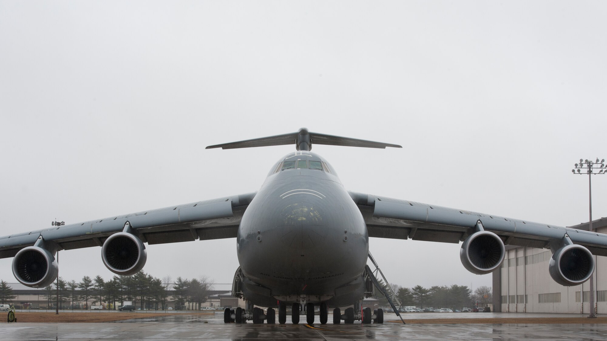 A C-5M Super Galaxy, operated by the 436th Airlift Wing, sits on the flight line Feb. 24, 2016, at Joint Base McGuire-Dix-Lakehurst, N.J. The joint base has enough ramp space to park eight Dover AFB C-5s at any given time. (U.S. Air Force photo/Senior Airman Zachary Cacicia)