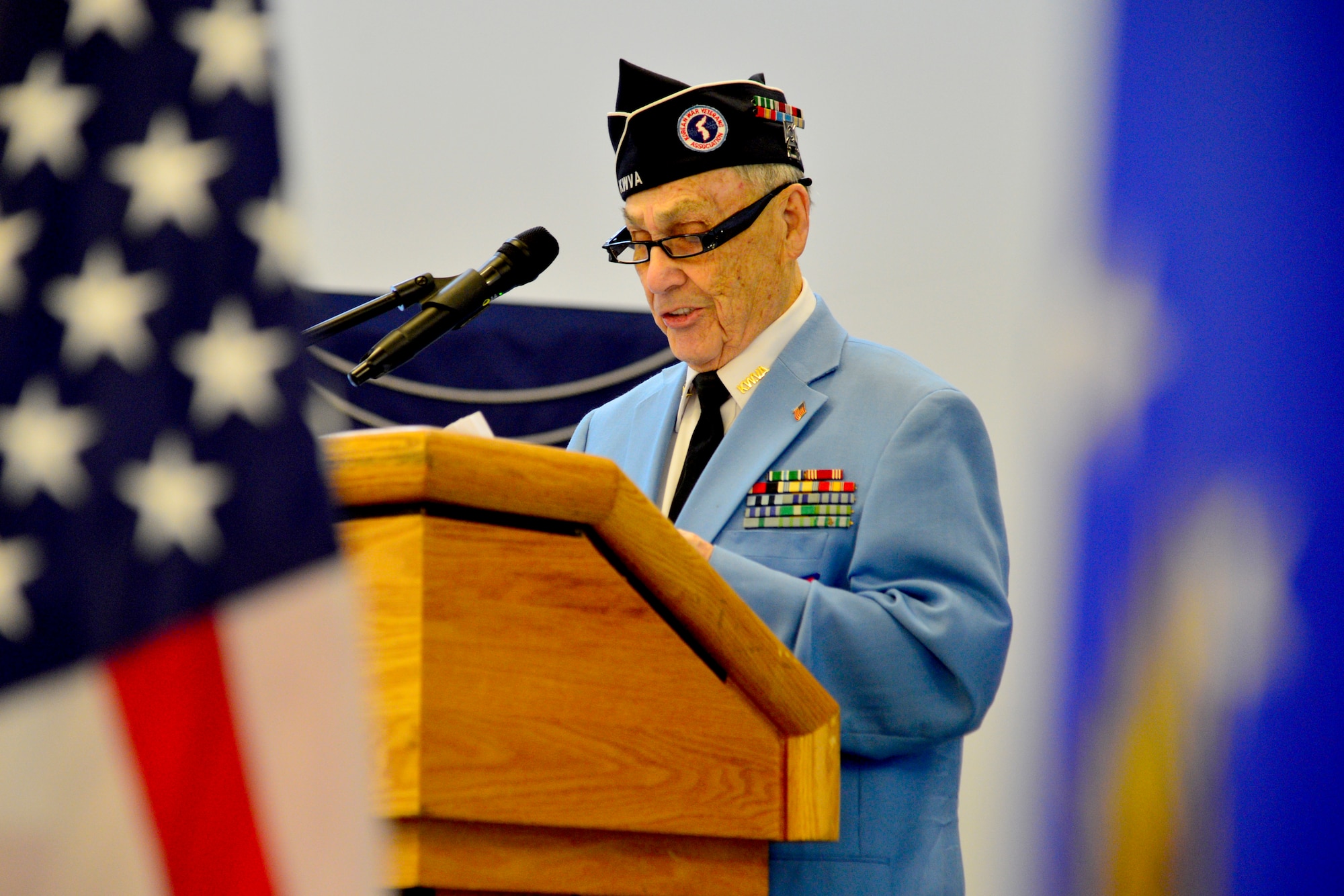 Dr. Daniel Coons, Korean War Veterans Association Chapter 3 president, speaks during the 436th Security Forces Squadron 17th Annual Korean War Ruck March Feb. 27, 2016, at Dover Air Force Base, Del. Dr. Coons spoke about today’s military and how proud he is of the current generation of veterans. (U.S. Air Force photo/Tech. Sgt. Elizabeth Morris)