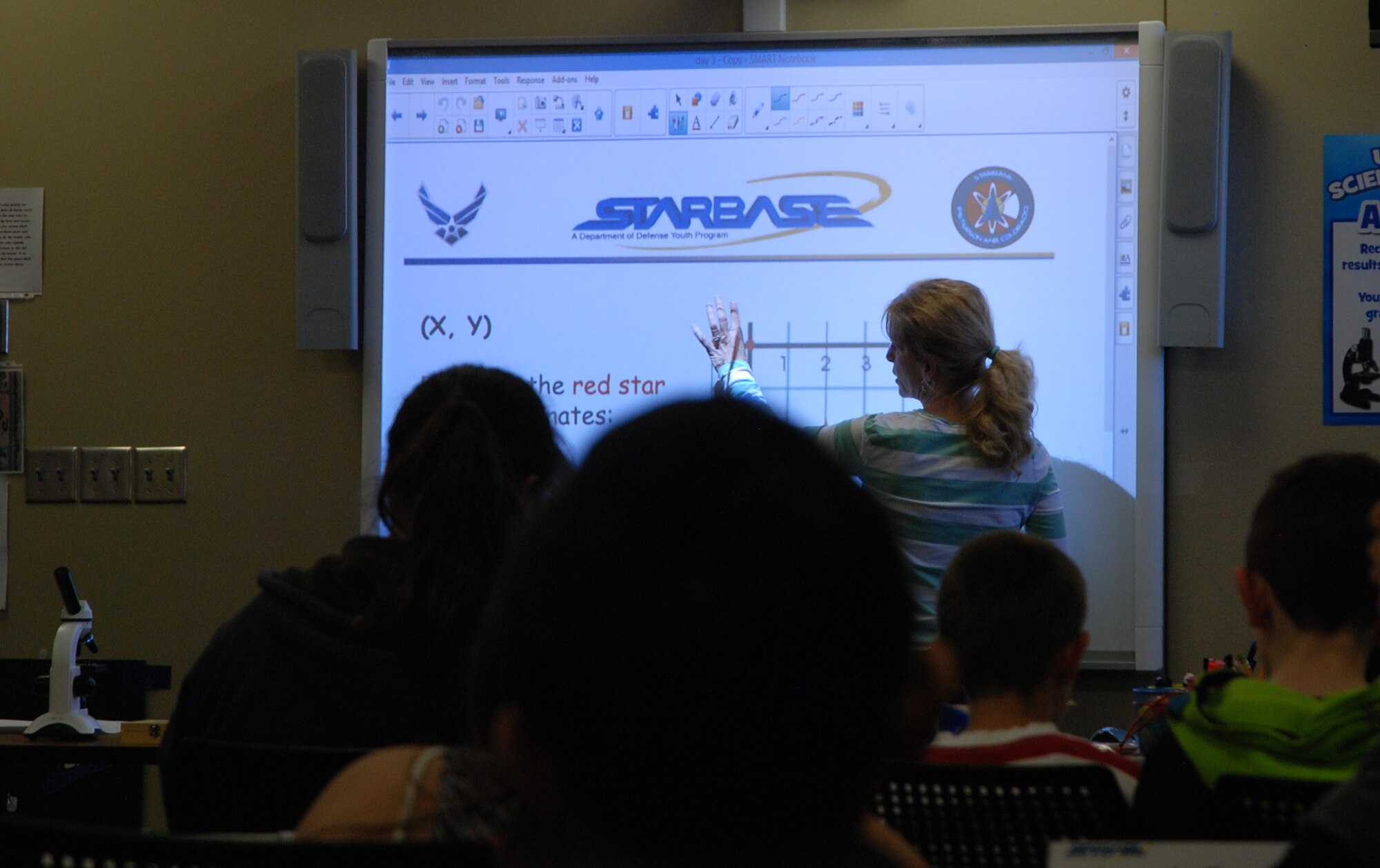 PETERSON AIR FORCE BASE, Colo. – Bridgette McAllister, one of the STARBASE Academy instructors, teaches fifth-graders from Madison Elementary School about plotting points on a grid. The students would use the information to work in teams building circuit boards during a STARBASE session. (U.S. Air Force Photo by Dave Smith)
