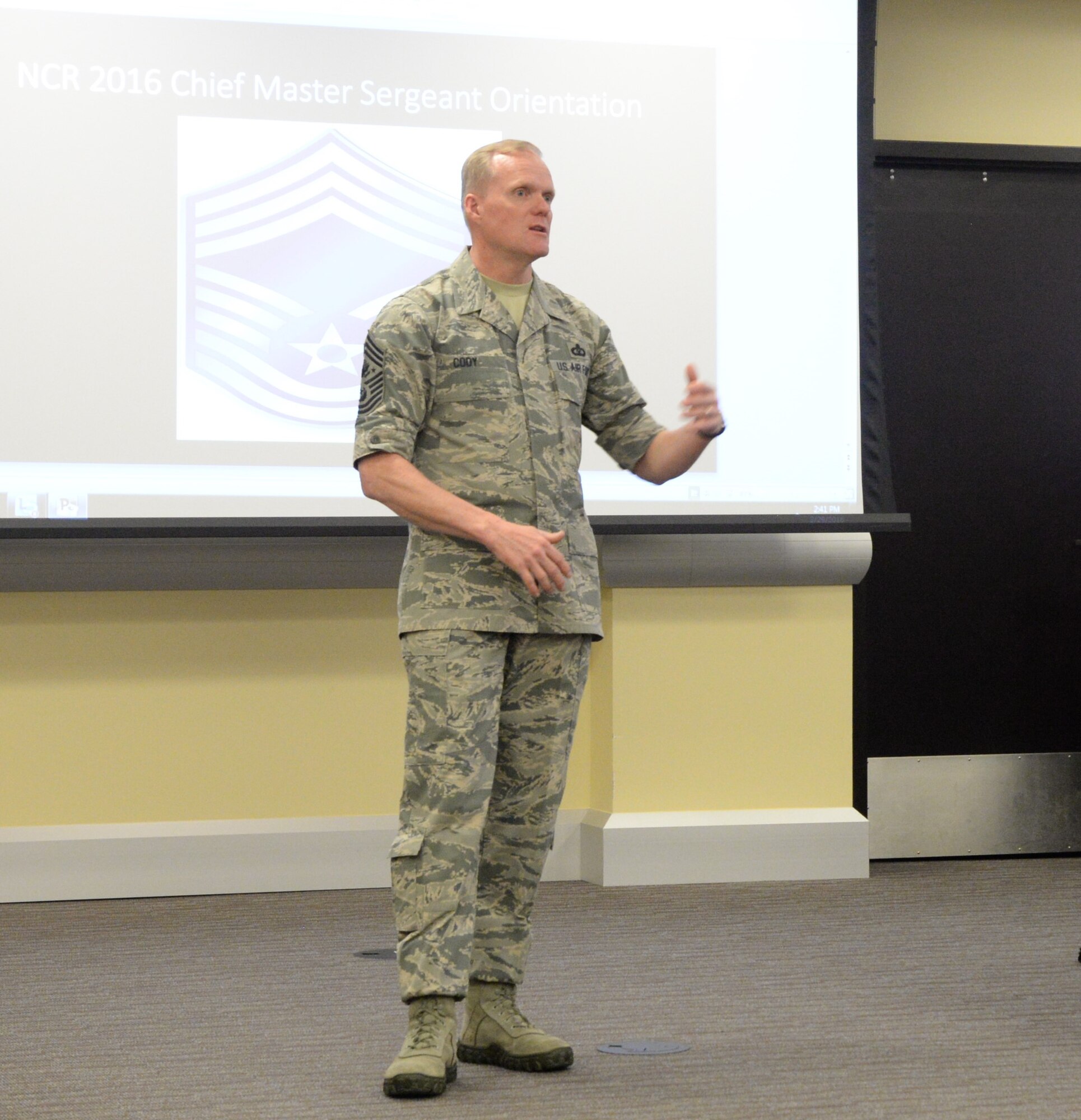 Chief Master Sergeant of the Air Force James Cody speaks to the newest chief master sergeants from the National Capital Region during the Air Force District of Washington's Chief Orientation Course at Joint Base Andrews, Md., Feb. 29, 2016. Cody was one of many key Air Force leaders who will address the group this week in order to equip the participants for their new leadership role. (U.S. Air Force photo/1 Lt. Esther Willett)
