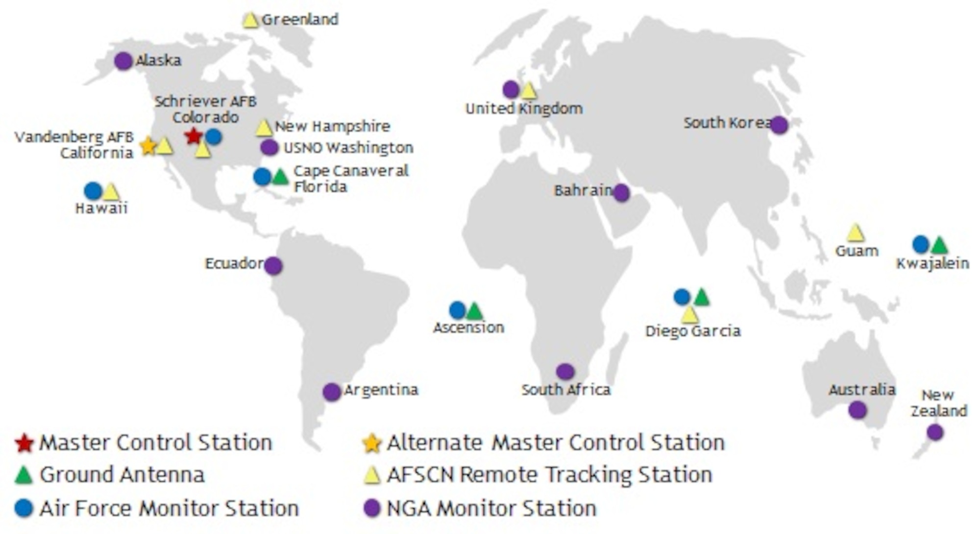 Current locations of GPS network of monitor stations that track navigation signals from GPS satellites and gather data on satellite performance worldwide. (Courtesy graphic) 