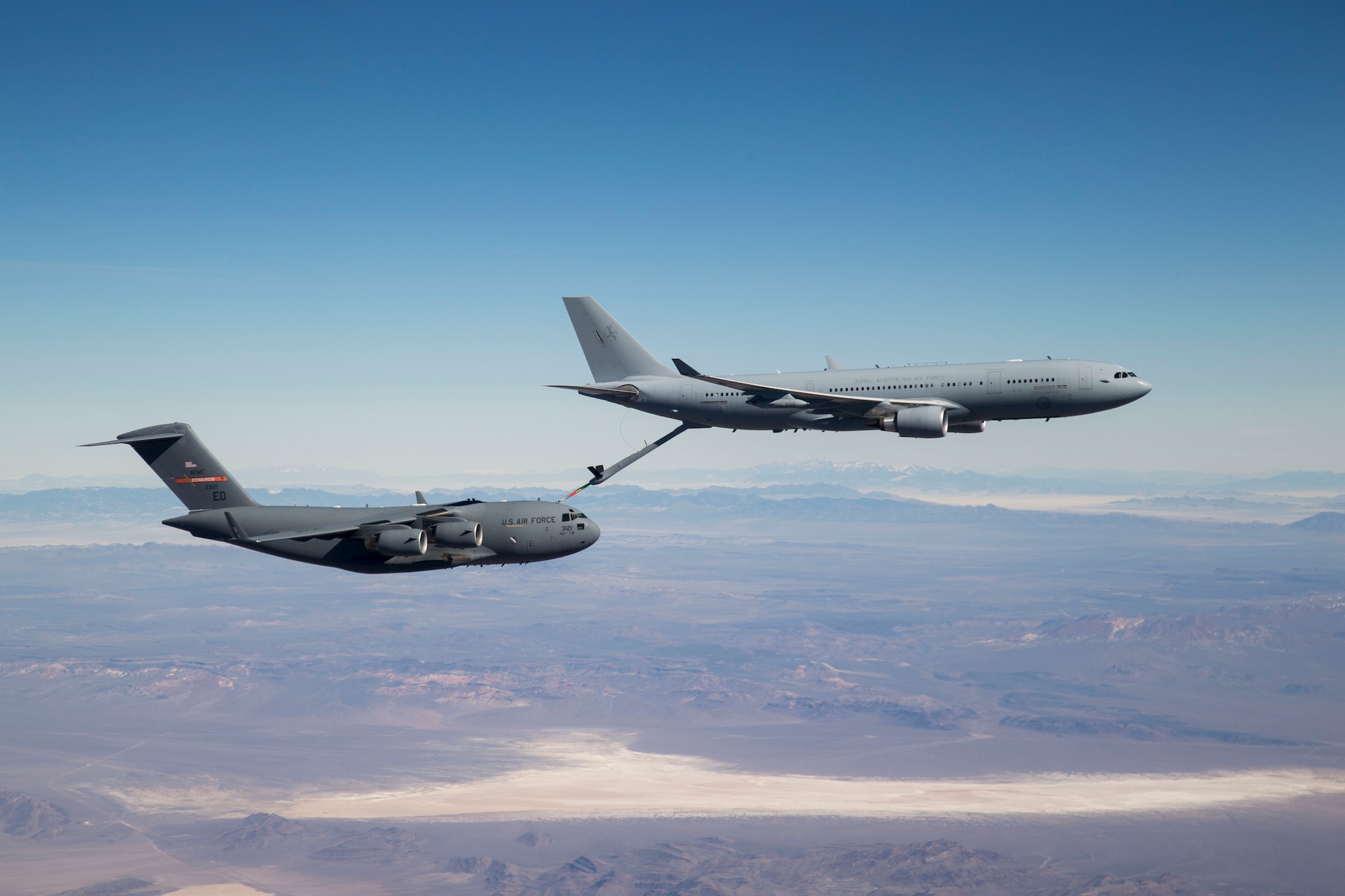A Royal Australian Air Force KC-30 tanker connects with a U.S. Air Force C-17 Feb. 10. As part of a Coalition Tanker Aerial Refueling Certification Effort, the RAAF KC-30A Multi Role Tanker Transport is conducting refueling trials with different U.S. Air Force aircraft. The effort began late last year and is scheduled to wrap up by the end of 2016. (U.S. Air Force photo by Christian Turner)