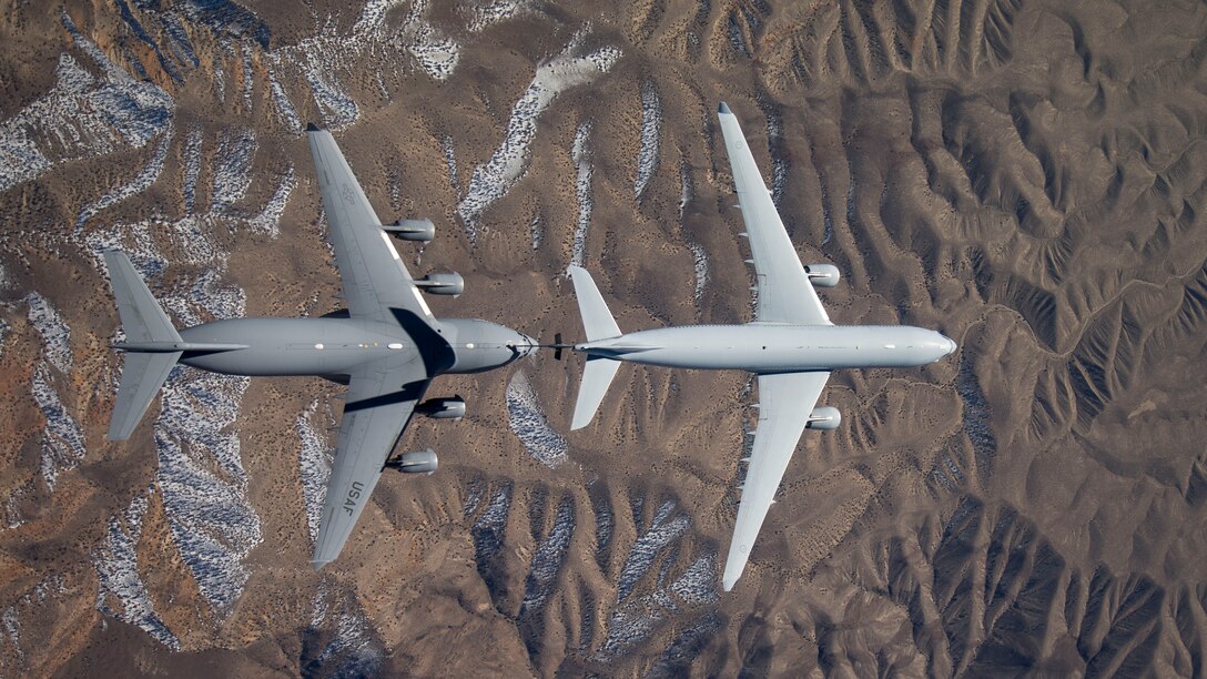 Overhead view of a Royal Australian Air Force KC-30A multi role tanker connecting with a U.S. Air Force C-17 Globemaster III from the 418th Flight Test Squadron at Edwards Air Force Base Feb. 10. (U.S. Air Force photo by Christian Turner)