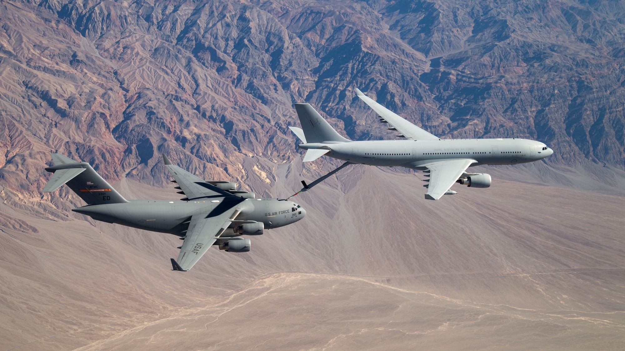 The first air-to-air refuelling from a Royal Australian Air Force KC-30A Multi Role Tanker Transport to a C-17 Globemaster III occurred Feb. 10 in restricted airspace near Edwards Air Force Base. (U.S. Air Force photo by Christian Turner)