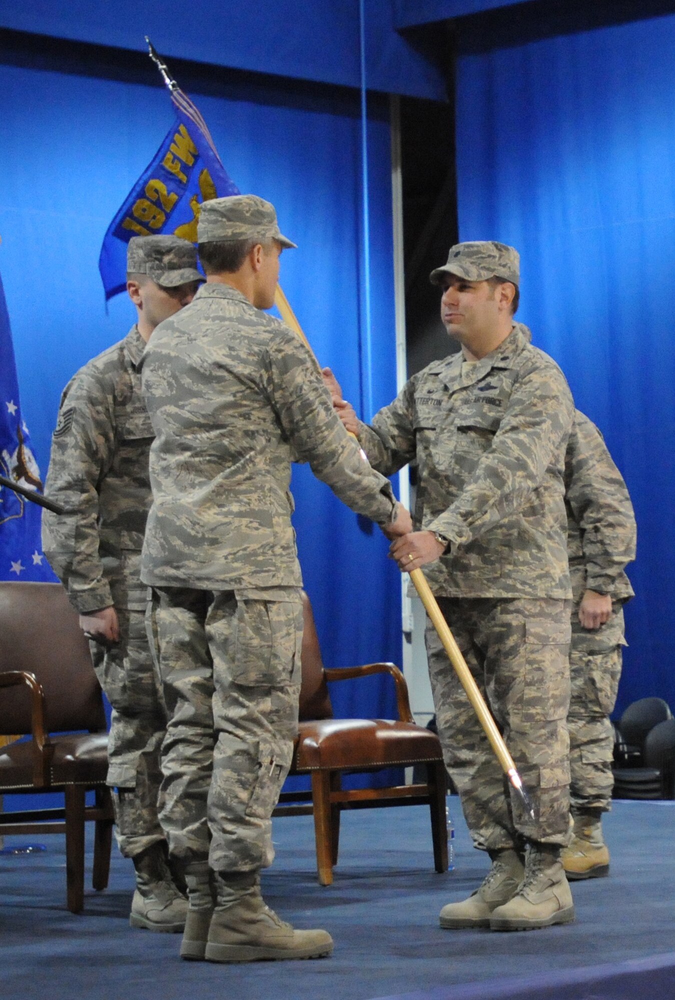 Airmen of the 192nd Operations Support Squadron welcome the new commander, Lt. Col. Christopher G. Batterton, and say farewell to the outgoing commander, Lt. Col. Steven S. Alexander, in a change of command ceremony Feb. 27, 2016 at Joint Base Langley-Eustis, Virginia. (U.S. Air National Guard photo by Technical Sgt. Jonathan P. Garcia)