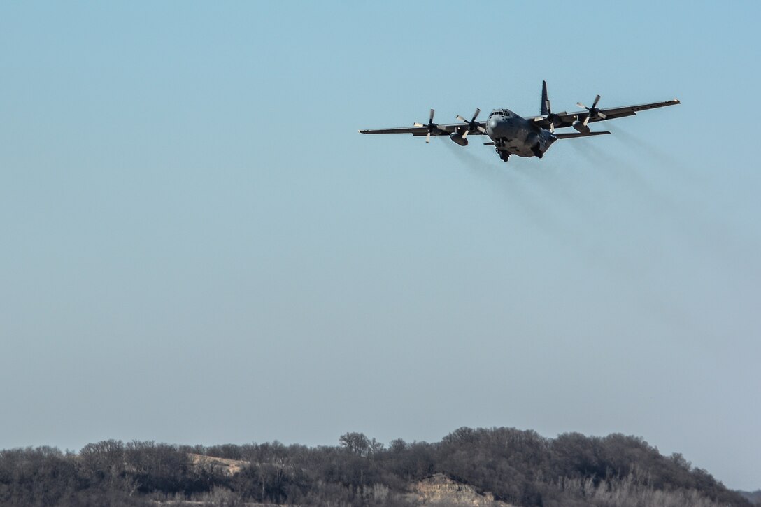Aircrew students of the C-130H Weapons Instructor Course (WIC) practice maneuvers at Rosecrans Air National Guard Base, St. Joseph, Mo., on Feb. 26, 2016. The C-130H WIC is a graduate level tactics and leadership course for pilots and navigators and is part of the U.S. Air Force Weapons School.  (U.S. Air National Guard photo by Senior Airman Bruce Jenkins/Released)