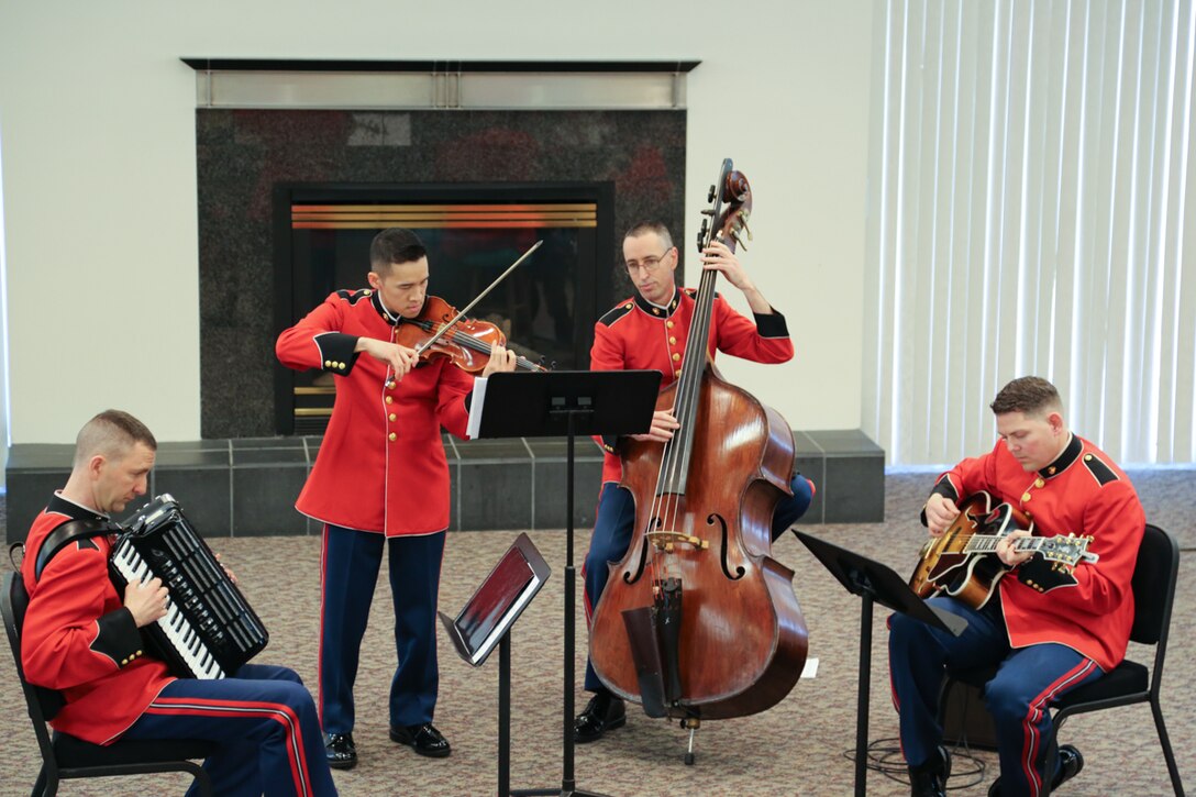 On Feb. 28, a jazz ensemble performed prior to the Marine Band performance. (U.S. Marine Corps photo by Staff Sgt. Rachel Ghadiali/released)
