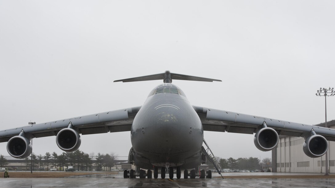 A C-5M Super Galaxy, operated by the 436th Airlift Wing, sits on the flight line Feb. 24, 2016, at Joint Base McGuire-Dix-Lakehurst, N.J. The joint base has enough ramp space to park eight Dover AFB C-5s at any given time. (U.S. Air Force photo/Senior Airman Zachary Cacicia)