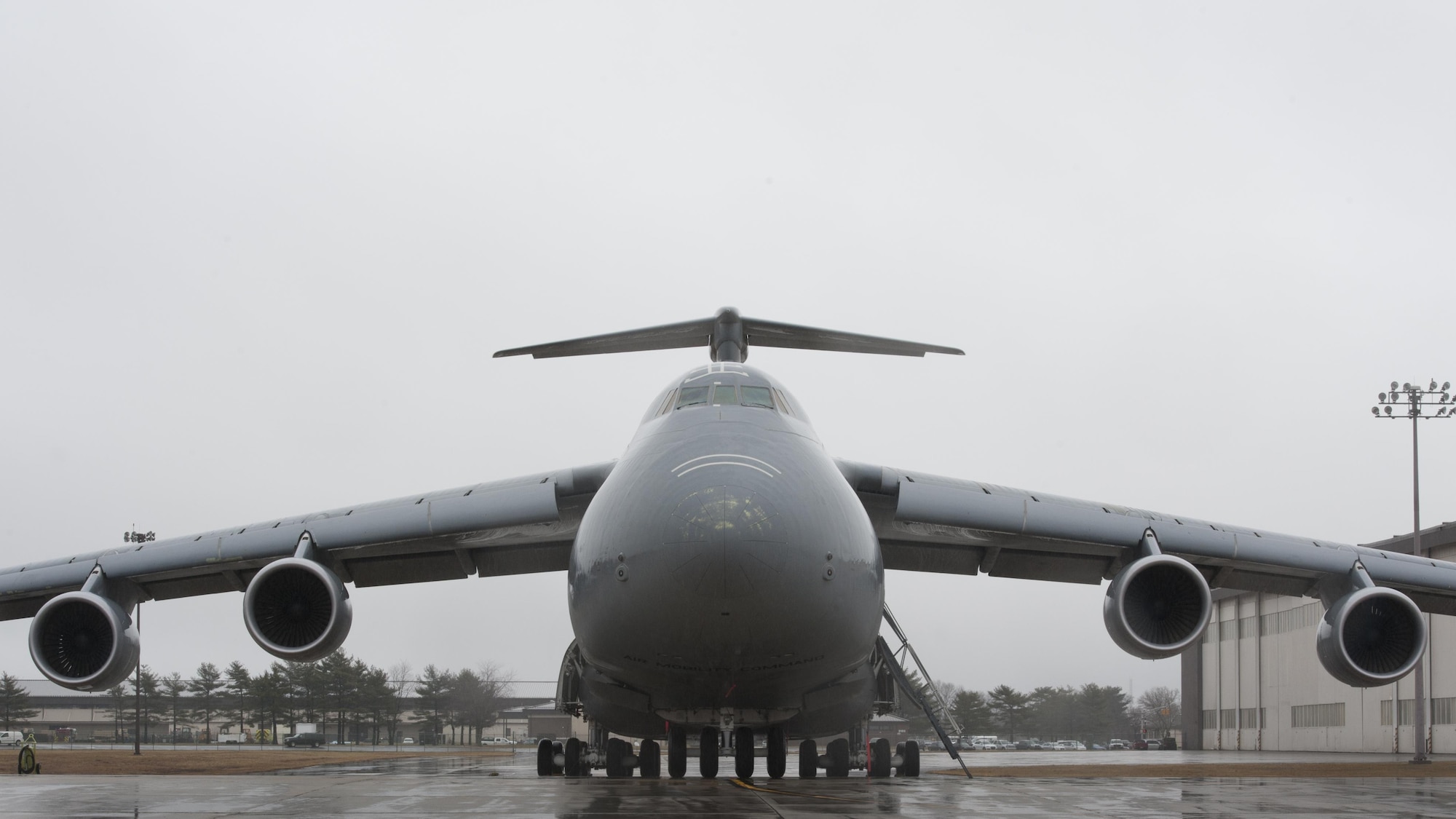 A C-5M Super Galaxy, operated by the 436th Airlift Wing, sits on the flight line Feb. 24, 2016, at Joint Base McGuire-Dix-Lakehurst, N.J. The joint base has enough ramp space to park eight Dover AFB C-5s at any given time. (U.S. Air Force photo/Senior Airman Zachary Cacicia)