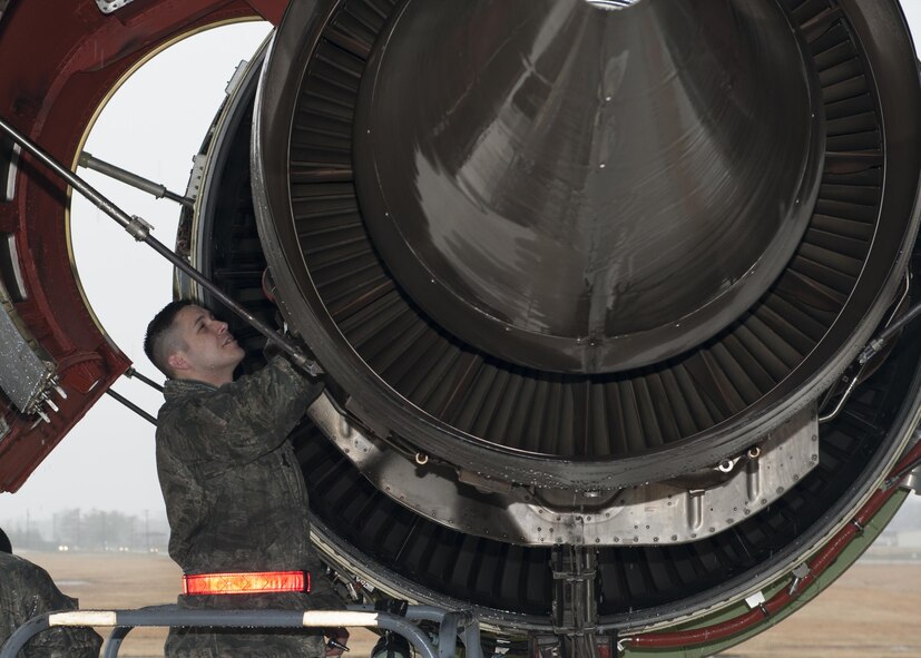 Senior Airman Tyler Garcia, 436th Aircraft Maintenance Squadron electrical and environmental systems journeyman, performs maintenance on a C-5M Super Galaxy jet engine Feb. 24, 2016, on the flight line at Joint Base McGuire-Dix-Lakehurst, N.J. Team Dover maintainers are anticipated to operate at the joint base until August, with a rotation at the halfway point. (U.S. Air Force photo/Senior Airman Zachary Cacicia)