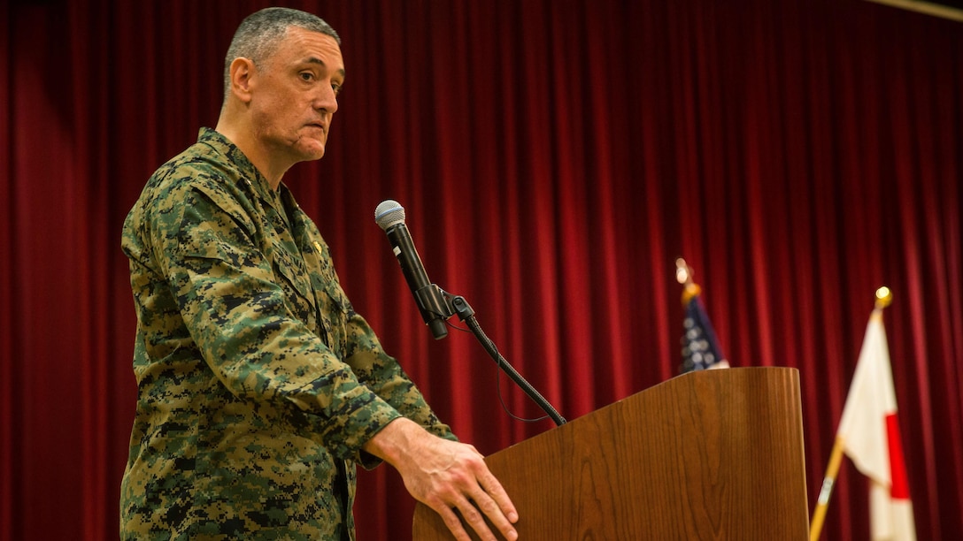 U.S. Marine Corps Brig. Gen. David Coffman, deputy commanding general, I Marine Expeditionary Force, addresses Marines and Japan Ground Self Defense Force soldiers during the concluding ceremony of Exercise Iron Fist 2016 at Marine Corps Base Camp Pendleton, California, March 1, 2016. Training that took place during Exercise Iron Fist 2016, an annual, bilateral amphibious training exercise held between the USMC and JGSDF, focused on advanced marksmanship, amphibious reconnaissance, fire and maneuver assaults, staff planning and amphibious landing operations.