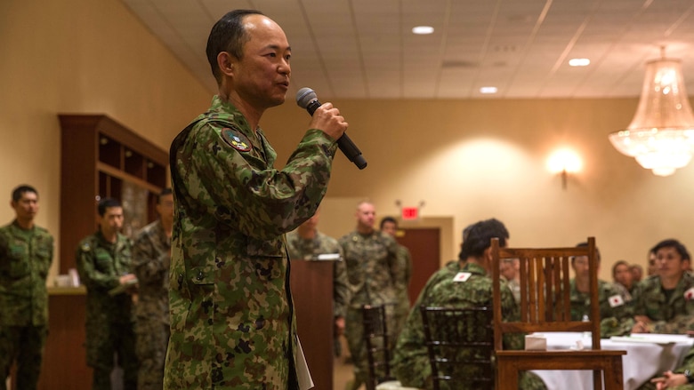 Maj. Gen. Shinichi Aoki, deputy chief of staff (operations), Western Army, Japan Ground Self Defense Force, addresses U.S. Marines and JGSDF soldiers at Marine Corps Base Camp Pendleton, California, March 1, 2016, prior to the closing ceremony of Exercise Iron Fist 2016. Exercise Iron Fist is an annual bilateral exercise designed to provide valuable training to warriors from different cultures, and build camaraderie and operational capabilities between Marines and Japanese soldiers. 