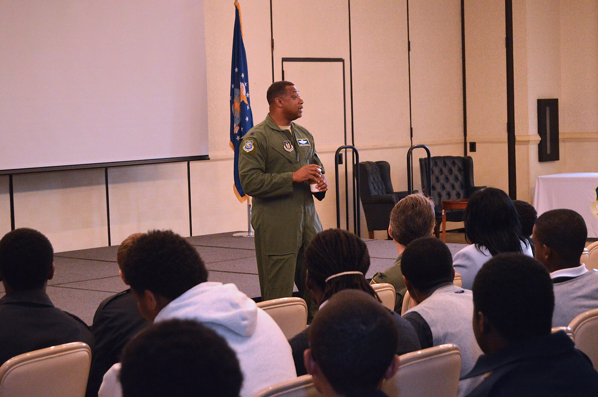 Guest speaker Lt. Col. Terry Troutman, Air Force Reserve Command Mobility Combat Support officer, speaks to students during the Joint Base Charleston Tuskegee Airmen Career Day Feb. 25, 2016. The 315th Airlift Wing's first Tuskegee Airmen Career Day drew  over 130 local teenage boys to Joint Base Charleston, S.C. to learn about careers in aviation. The event also celebrated the story of the first black pilots in the American military – the Tuskegee Airmen. (courtesy photo by Senior Master Sgt. Eric Keys)