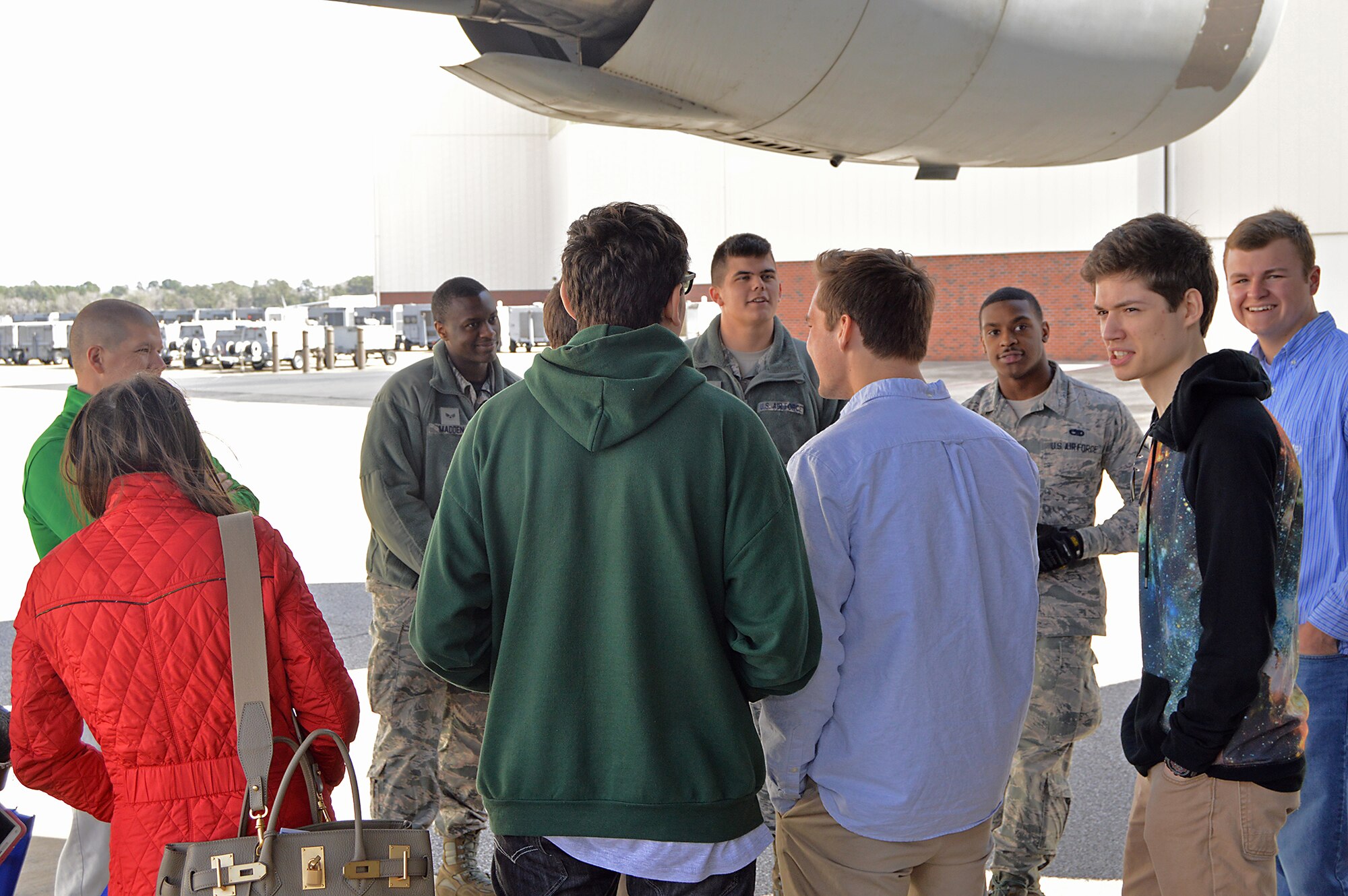 Members of the 437th & 315th Aircraft Maintenance Squadrons tell local teens about their job of maintaing the C-17 Globemaster III at the Joint Base Charleston Tuskegee Airmen Career Day Feb. 25, 2016. The 315th Airlift Wing's first Tuskegee Airmen Career Day drew  over 130 local teenage boys to Joint Base Charleston, S.C. to learn about careers in aviation. The event also celebrated the story of the first black pilots in the American military – the Tuskegee Airmen. (courtesy photo by Senior Master Sgt. Eric Keys)
