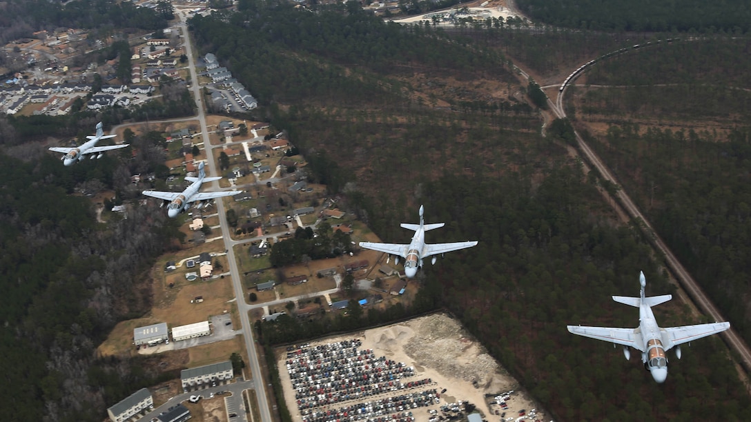 Four EA-6B Prowlers belonging to each Prowler squadron aboard Marine Corps Air Station Cherry Point conducted a "Final Four" division flight aboard the air station March 1, 2016. The "Final Four" flight is the last time the Prowler squadrons will be flying together before the official retirement of Marine Tactical Electronic Warfare Training Squadron 1 at the end of Fiscal Year 16 and the eventual transition to "MAGTF EW". MAGTF EW is a more distributed strategy where every platform contributes to the EW mission, enabling relevant tactical information to move throughout the electromagnetic spectrum and across the battlefield faster than ever before. 
