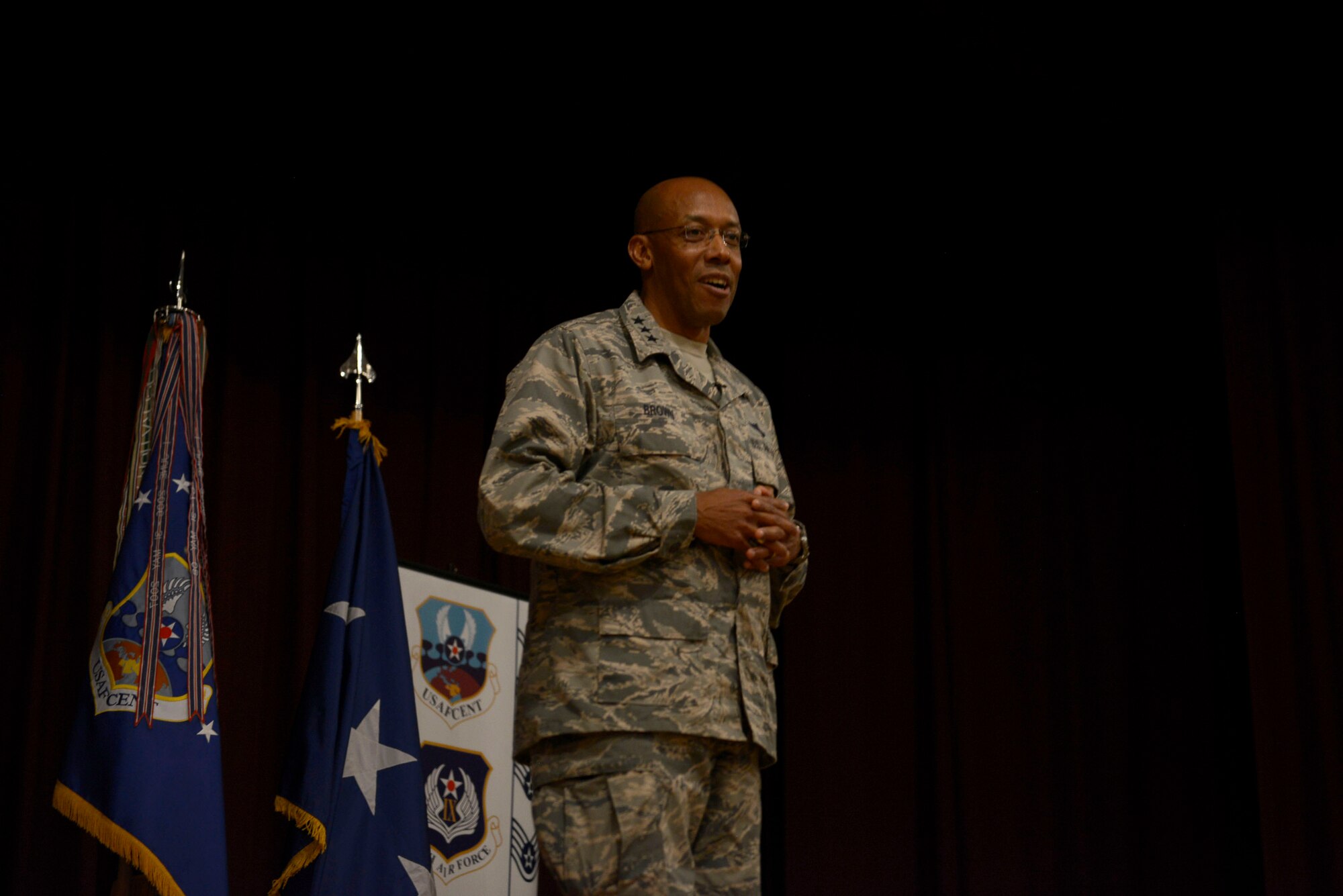 U.S. Air Force Lt. Gen. Charles Q. Brown Jr., commander, U.S. Air Forces Central Command, speaks to members of Team Shaw following a promotion ceremony at Shaw Air Force Base, S.C., Feb. 29, 2016. Brown spoke to the audience about current events and highlighted Team Shaw’s significant contribution to Operation Inherent Resolve. (U.S. Air Force photo by Airman 1st Class Christopher Maldonado) 