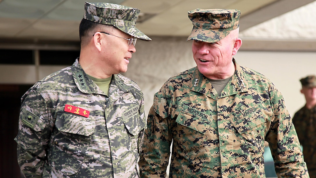 Lt. Gen. Larry D. Nicholson, III Marine Expeditionary Force Commanding General (right) meets with Commandant of the Republic of Korea Marine Corps, Lt. Gen. Sang Hoon Lee, Feb. 23, 2016 in Baran, South Korea. More than 60 Marines and sailors with III MEF, III MEF subordinate commands and adjacent commands based in Japan and South Korea, met in the South in order to uphold and strengthen the alliance between the ROK and the U.S., and reinforce their commitment to defend the country at a moment’s notice. The visit took place in various locations throughout the country, enhancing U.S. Marines' familiarization of the Korean Peninsula while simultaneously developing the kind of faith and trust between forces that can only be established through constant engagement, as well as rigorous and realistic training.
