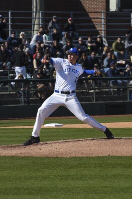 Jacob DeVries, starting pitcher for the Air Force Academy, pitches during the fifth inning, Feb. 27, 2016, in Kinston, North Carolina. DeVries worked four innings, striking out five of the Naval Academy's players during the Freedom Classic held at Historic Grainger Stadium. (U.S. Air Force photo/Airman Shawna L. Keyes)