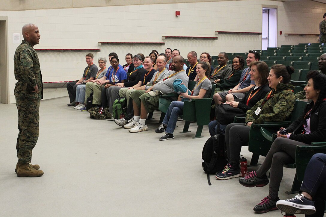 Brig. Gen. Terry V. Williams talks with educators about the opportunities the Marine Corps offers and how it may be a possible avenue for their students at Marine Corps Recruit Depot Parris Island, S.C, March 2, 2016. The three-day workshop will give the educators a chance to experience the day to day routines aboard the depot and Marine Corps Air Station Beaufort, with the main purpose of giving the educators a better understanding of the Marine Corps. Williams is the Commanding General of Marine Corps Recruit Depot Parris Island and Eastern Recruiting Region. (Official Marine Corps photo by Cpl. Diamond N. Peden/Released)