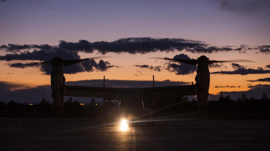 A U.S. Marine Corps MV-22 Osprey with Marine Medium Tiltrotor Squadron 263, Special-Purpose Marine Air-Ground Task Force-Crisis Response- Africa lands at Albacete airport after conducting insertion operations in exercise Sky Soldier, Spain, Feb. 27, 2016. SPMAGTF-CR-AF participated in exercise Sky Soldier which promotes interoperability between Marine Corps Aviation assets and American and Spanish Airborne and Air Mobile forces.