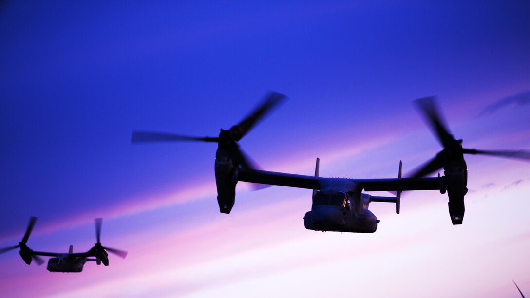 U.S. Marine Corps MV-22 Ospreys with Marine Medium Tiltrotor Squadron 263, Special-Purpose Marine Air-Ground Task Force-Crisis Response-Africa fly enroute from Pozo La Higueara drop zone to La Felipe drop zone after insertion of 173rd Airborne Brigade Combat Team soldiers during exercise Sky Soldier, Spain, Feb. 27, 2016. SPMAGTF-CR-AF participated in exercise Sky Soldier which promotes interoperability between Marine Corps Aviation assets and American and Spanish Airborne and Air Mobile forces.