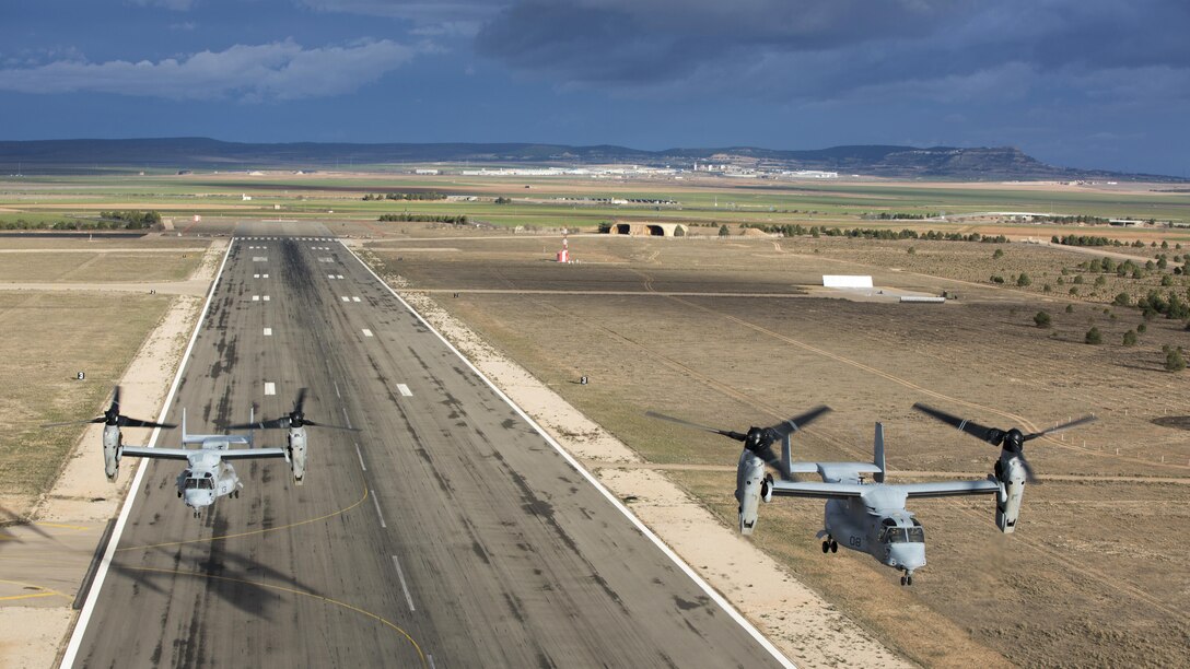 U.S. Marine Corps MV-22 Ospreys with Marine Medium Tiltrotor Squadron 263, Special-Purpose Marine Air-Ground Task Force-Crisis Response- Africa take-off enroute from Albacete airport to La Felipe drop zone in order to participate in exercise Sky Soldier, Spain, Feb. 27, 2016. SPMAGTF-CR-AF participated in exercise Sky Soldier which promotes interoperability between Marine Corps Aviation assets and American and Spanish Airborne and Air Mobile forces.