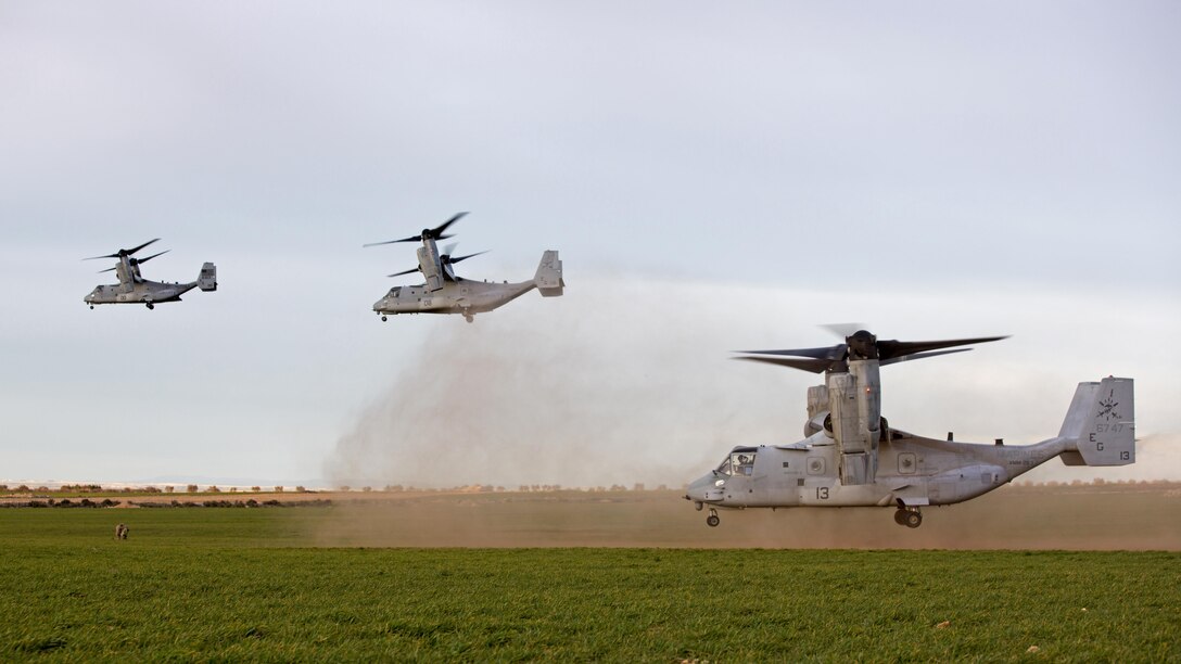 U.S. Marine Corps MV-22 Ospreys with Marine Medium Tiltrotor Squadron 263, Special-Purpose Marine Air-Ground Task Force-Crisis Response- Africa take off with the first wave of 173rd Airborne Brigade Combat Team soldiers during exercise Sky Soldier at La Felipe drop zone, Spain, Feb. 27, 2016. SPMAGTF-CR-AF participated in exercise Sky Soldier which promotes interoperability between Marine Corps Aviation assets and American and Spanish Airborne and Air Mobile forces. 