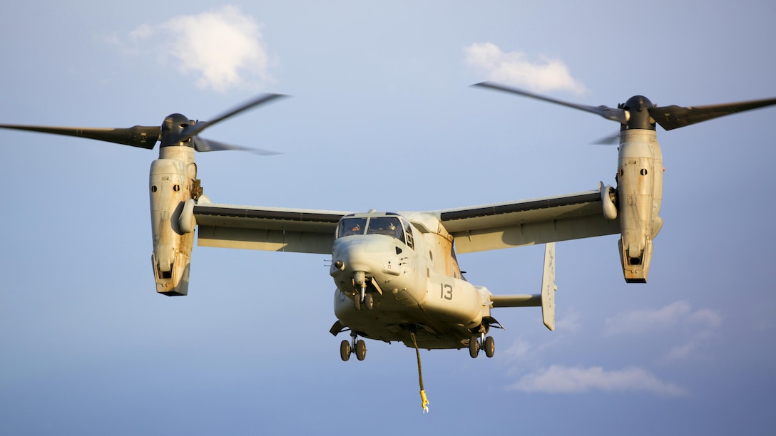 A U.S. Marine Corps MV-22 Osprey with Marine Medium Tiltrotor Squadron 263, Special-Purpose Marine Air-Ground Task Force-Crisis Response- Africa conducts an external load operation during exercise Sky Soldier, La Felipe drop zone, Spain, Feb. 27, 2016. SPMAGTF-CR-AF participated in exercise Sky Soldier which promotes interoperability between Marine Corps Aviation assets and American and Spanish Airborne and Air Mobile forces.