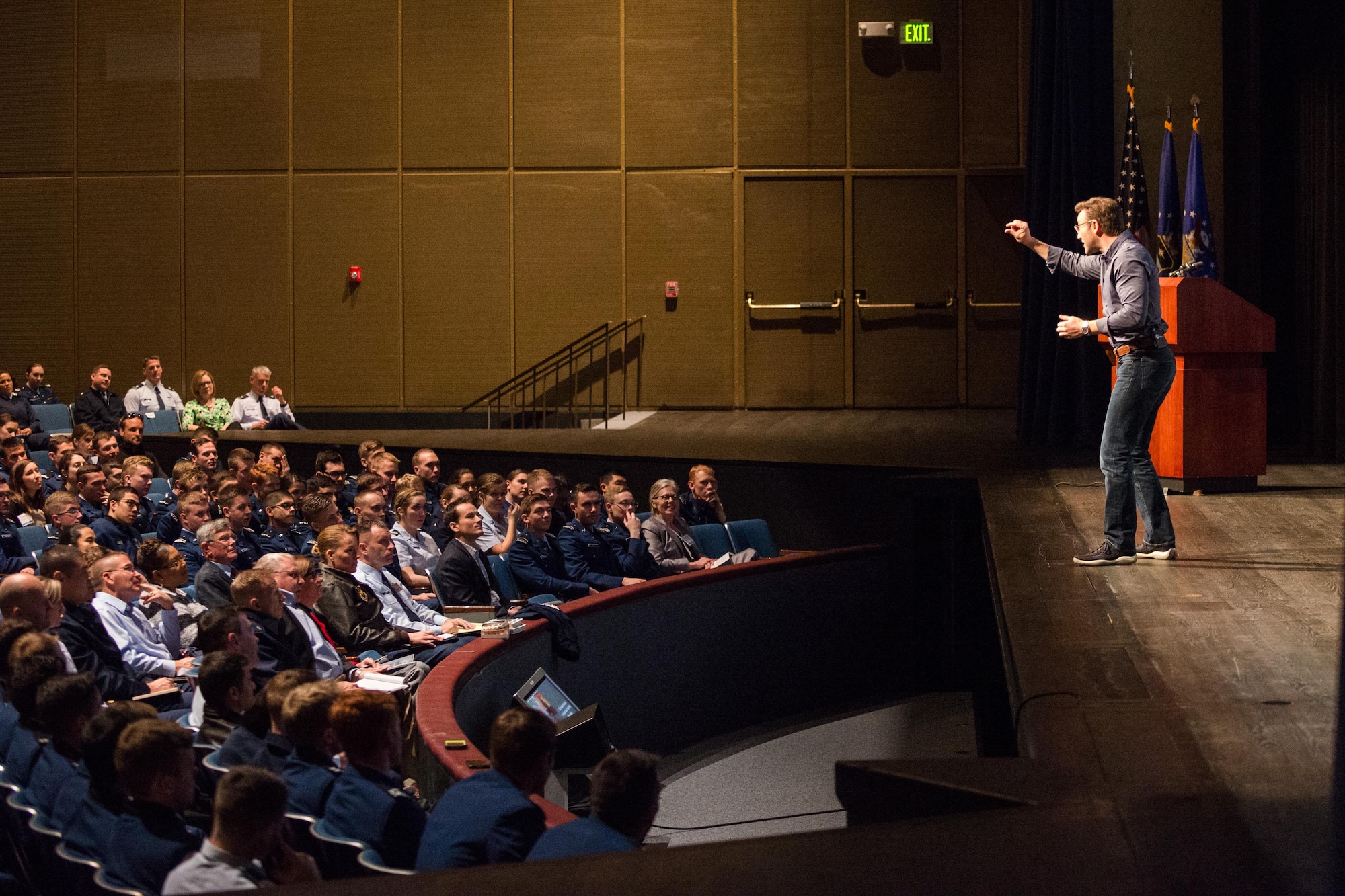 Simon Sinek, author and Rand Corporation adjunct, speaks to an audience of cadets and staff members at the U.S. Air Force Academy Feb. 25, 2016. Sinek was among the 40 speakers who spoke on leadership and overcoming challenges at the National Character and Leadership Symposium at the Academy Feb. 25-26, 2016. (U.S. Air Force photo/Liz Copan)