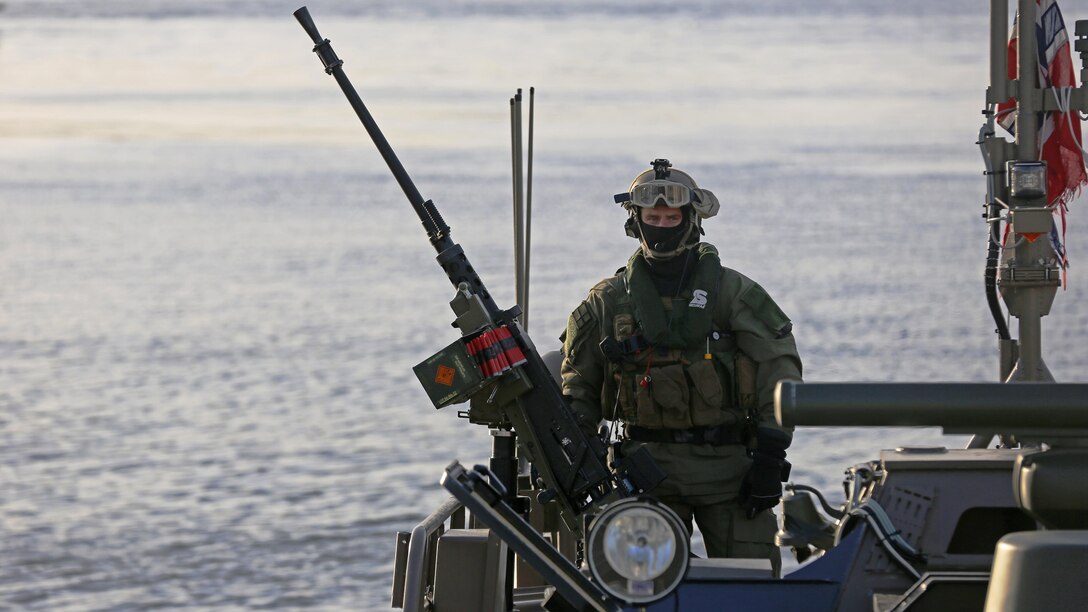 Norwegian Coastal Ranger Commandos approach shore in an SB90 combat boat in Namsos, Norway, March 1, 2016. The special operators transported distinguished visitors from shore to Norwegian Navy ships as part of Distinguished Visitors Day, officially kicking off Exercise Cold Response 16 throughout the country. Cold Response 16 brings together 13 NATO allies and partner nations in a 10-day cold weather exercise designed to enhance partnerships and collective crisis response capabilities.