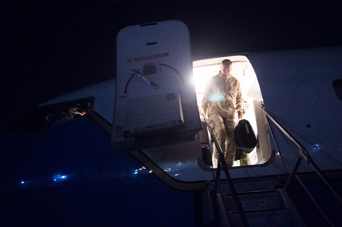 Marine Corps Gen. Joseph F. Dunford Jr., chairman of the Joint Chiefs of Staff, steps off a military aircraft as he arrives in Kabul, Afghanistan, March 1, 2016. DoD photo by D. Myles Cullen