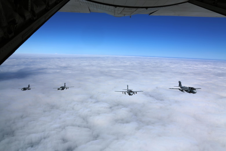 Four EA-6B Prowlers belonging to each Prowler squadron aboard Marine Corps Air Station Cherry Point conducted a "Final Four" division flight aboard the air station March 1, 2016. The "Final Four" flight is the last time the Prowler squadrons will be flying together before the official retirement of Marine Tactical Electronic Warfare Training Squadron 1 at the end of Fiscal Year 16 and the eventual transition to "MAGTF EW". MAGTF EW is a more distributed strategy where every platform contributes to the EW mission, enabling relevant tactical information to move throughout the electromagnetic spectrum and across the battlefield faster than ever before. (U.S. Marine Corps photo by Cpl. N.W. Huertas/Released)