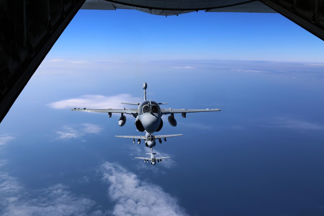 Four EA-6B Prowlers belonging to each Prowler squadron aboard Marine Corps Air Station Cherry Point conducted a "Final Four" division flight aboard the air station March 1, 2016. The "Final Four" flight is the last time the Prowler squadrons will be flying together before the official retirement of Marine Tactical Electronic Warfare Training Squadron 1 at the end of Fiscal Year 16 and the eventual transition to "MAGTF EW". MAGTF EW is a more distributed strategy where every platform contributes to the EW mission, enabling relevant tactical information to move throughout the electromagnetic spectrum and across the battlefield faster than ever before. (U.S. Marine Corps photo by Cpl. N.W. Huertas/Released)