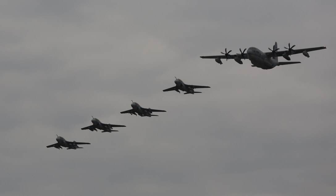 Four EA-6B Prowlers belonging to each Prowler squadron aboard Marine Corps Air Station Cherry Point conducted a "Final Four" division flight aboard the air station March 1, 2016. The "Final Four" flight is the last time the Prowler squadrons will be flying together before the official retirement of Marine Tactical Electronic Warfare Training Squadron 1 at the end of Fiscal Year 16 and the eventual transition to "MAGTF EW". MAGTF EW is a more distributed strategy where every platform contributes to the EW mission, enabling relevant tactical information to move throughout the electromagnetic spectrum and across the battlefield faster than ever before. (U.S. Marine Corps photo by Lance Cpl. Mackenzie Gibson/Released)