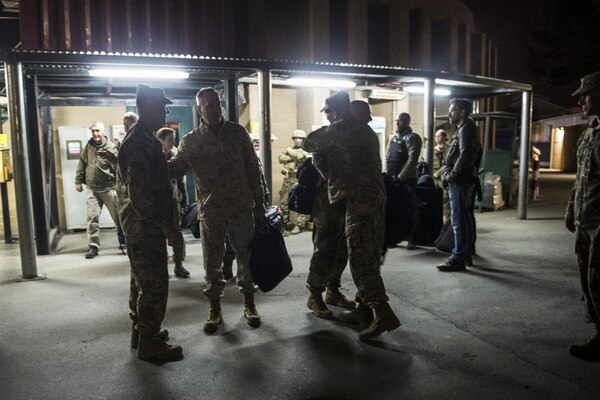 Marine Corps Gen. Joseph F. Dunford Jr., chairman of the Joint Chiefs of Staff, second from left, arrives in Kabul, Afghanistan, March 1, 2016. DoD photo by D. Myles Cullen