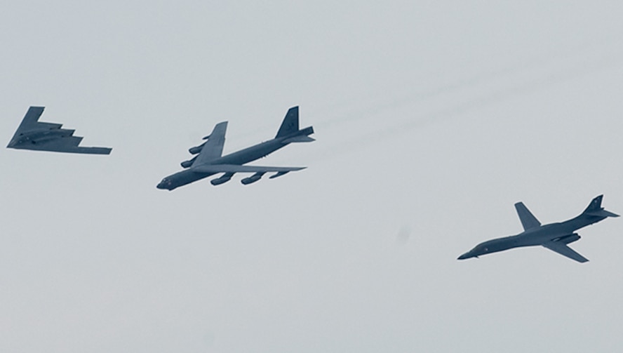 BARKSDALE AFB, La. -- A B-2, B-52, and B-1 fly in formation  over Shreveport, La., on May 10 during the Defenders of Liberty Airshow and Open House. This years airshow, which featured a heritage flight with the Air Forces modern day bombers, commemorates the 75th Anniversary of Barksdale AFB. (U.S. Air Force Photo/Staff Sgt Samuel Rogers)